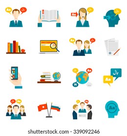 Translation foreign communication and dictionary flat icons set isolated vector illustration