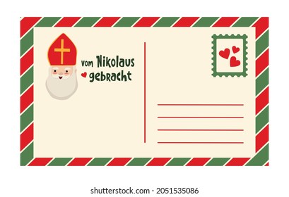 Translation from German: Brought by Nicholas. Cute message for kids from Saint Nicholas. St. Nicholas face. Sweet old man bishop. Vector vintage children postcard template isolated.