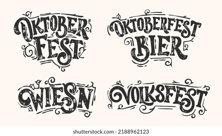 Traducción de Alemania; Oktoberfest, Meadow, cerveza Oktoberfest, festival folk. Cuatro letras vectoriales para la fiesta de Oktoberfest.