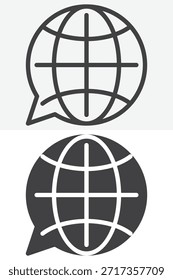 Conjunto de iconos de globo de traducción en diferentes estilos. Icono de contorno de línea y versión de ícono sólido con burbuja de discurso, signo de Vector de trazo editable y símbolo de idioma, localización y Web.