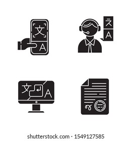 Translation glyph icons set. Human interpretation, apostilles and document legalization. Dictionary mobile application. Instant translator desktop app. Silhouette symbols. Vector isolated illustration