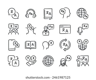 Translation hand drawn doodle sketch style line icons. Vector illustration.