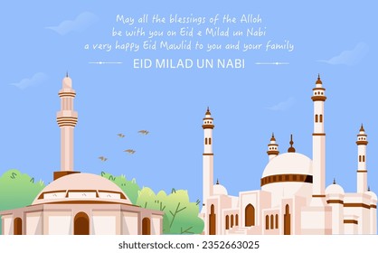 Translation : Happy Birthday of Prophet Muhammad. Milad un Nabi Mubarak Means Happy Birthday of Prophet Muhammad. Vector Illustration of Mawlid Celebration Design