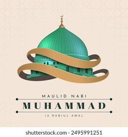 Translation : Happy Birthday of Prophet Muhammad. Milad un Nabi Mubarak Means Happy Birthday of Prophet Muhammad. Vector Illustration of Mawlid Celebration Design