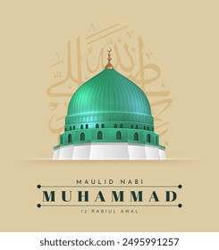 Übersetzung: Herzlichen Glückwunsch zum Geburtstag des Propheten Muhammad. Milad un Nabi Mubarak bedeutet glücklichen Geburtstag des Propheten Mohammed. Vektorgrafik von Mawlid Celebration Design