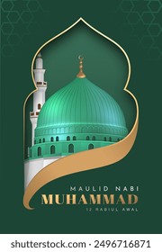 Translation : Happy Birthday of Prophet Muhammad. Milad un Nabi Mubarak Means Happy Birthday of Prophet Muhammad. Vector Illustration of Mawlid Celebration Design