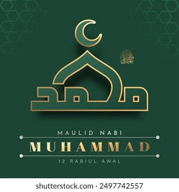 Traducción: Feliz cumpleaños del profeta Mahoma. Milad un Nabi Mubarak significa feliz cumpleaños del profeta Mahoma. Ilustración vectorial del diseño de la celebración de Mawlid