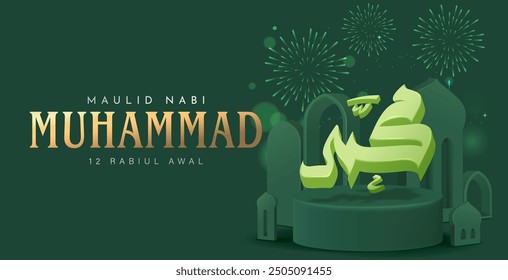 Translation : Happy Birthday of Prophet Muhammad. Milad un Nabi Mubarak Means Happy Birthday of Prophet Muhammad. Vector Illustration of Mawlid Celebration Design