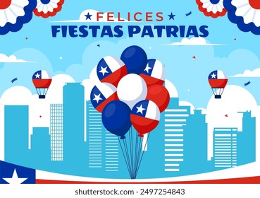 Translation : Happy Chile Independence Day Vector Illustration. with Waving Flag and Ribbon in National Holiday Flat Style Cartoon Background