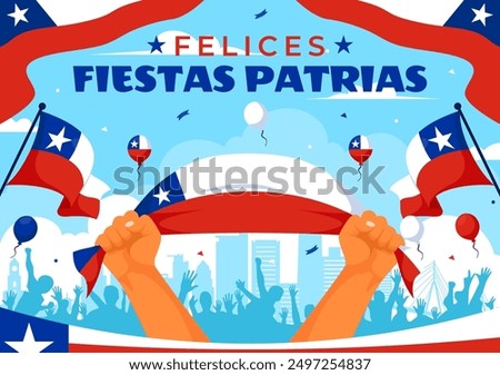 Translation : Happy Chile Independence Day Vector Illustration. with Waving Flag and Ribbon in National Holiday Flat Style Cartoon Background