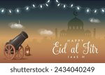 Translation : Happy Eid al Fitr. Eid Mubarak Poster Design with 3D Realistic Canon