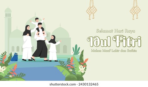 Translation : Happy Eid al Fitr. Moslem Family Walking to Mosque for Praying on Eid Celebration Vector Illustration