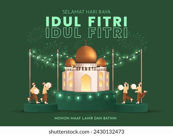 Translation : Happy Eid al Fitr. Moslem Kids Playing Indonesian Drum Celebrating Eid. Eid Mubarak Vector Illustration