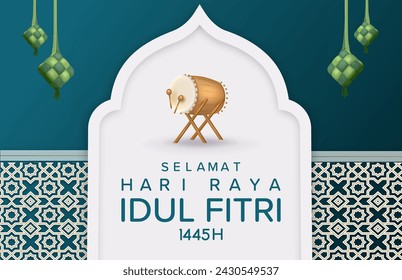 Translation : Happy Eid Al Fitr. Eid Mubarak Poster Design with Indonesian Drum (Bedug) and ketupat Vector Illustration