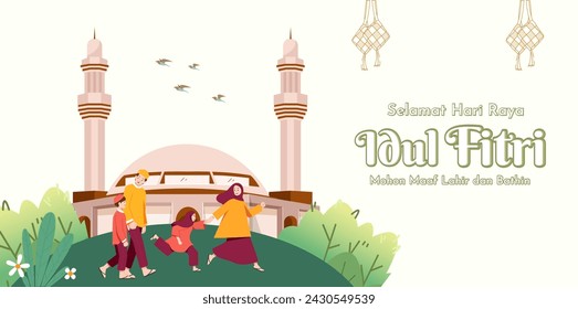 Translation : Happy Eid al Fitr. Moslem Family Walking to Mosque for Praying on Eid Celebration Vector Illustration