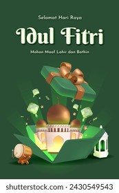 Translation : Happy Eid al Fitr. Islamic Ornament Comes Out from Ketupat Vector Illustration. Eid Mubarak Poster Template