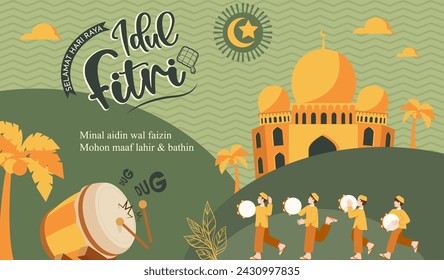 Translation : Happy Eid al Fitr. Moslem Kids Playing Rebana(Arabian Drum) in Eid Celebration. Eid Mubarak Poster Design Vector Illustration