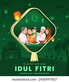 Translation : Happy Eid al Fitr. Happy Moslem Family Eating Together Celebrating Eid Mubarak. Poster Design Vector Illustration