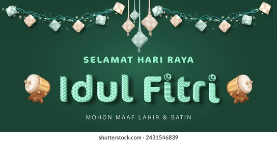 Übersetzung: Happy Eid al Fitr. Ketupat Girland und Bedug Dekoration für Eid Mubarak Poster Vorlage Vektor Illustration