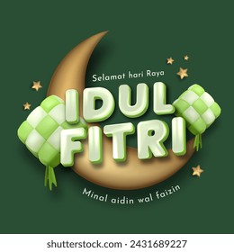 Translation : Happy Eid al Fitr. Eid Mubarak Poster Design with 3D Realistic Ketupat (Indonesian Rice Dumpling) and Golden Crescent Moon Vector Illustration