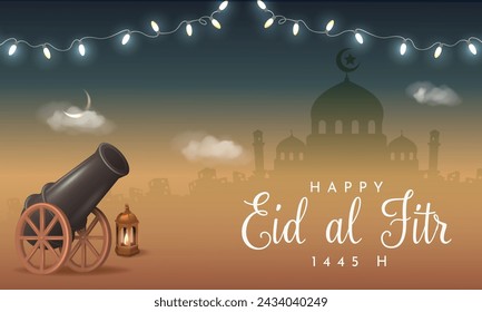 Translation : Happy Eid al Fitr. Eid Mubarak Poster Design with 3D Realistic Canon