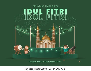 Translation : Happy Eid al Fitr. Moslem Kids Celebrating Eid Happily. Vector Illustration