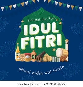 Translation : Happy Eid al Fitr. Eid Mubarak Display with Indonesian Typical Cookies and Syrup Vector Illustration