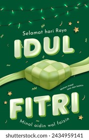 Translation : Happy Eid al Fitr. Eid Mubarak Poster Design with 3D Realistic Green Ketupat Vector Illustration. IDUL FITRI Typography