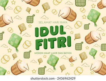 Übersetzung: Happy Eid al Fitr. Nettes Eid-Muster von Bedug und Ketupat über Creme isolierter Hintergrund. Eid Mubarak Poster Design