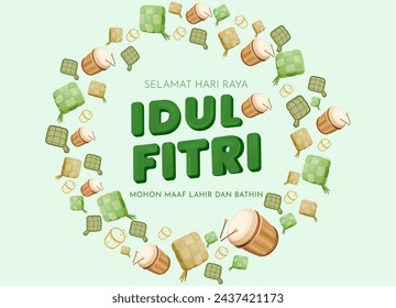 Translation : Happy Eid al Fitr. 3D Realistic Bedug and Ketupat . Eid Mubarak Poster Design