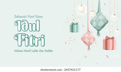 Translation : Happy Eid al Fitr. 3D Realistic Ketupat and Gift Boxes Over Blue Pastel Background. Eid Mubarak Poster Design with Ketupat and Gift Box