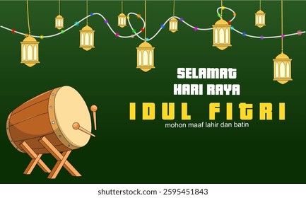 Translation : Happy Eid al Fitr. Forgive me body and soul. Eid Mubarak Poster Design with Bedug (Indonesian Drum) Vector Illustration.