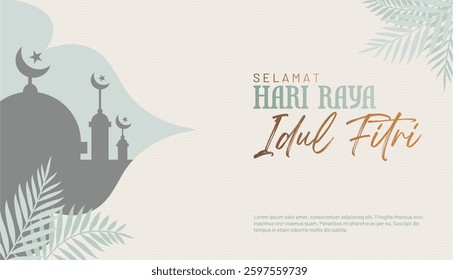 Translation : Happy Eid al Fitr 1446 H. Simple Elegant Islamic Background with Mosque and Palm Leaves. Best for All Islamic Celebrations Background, Banner, Flyer, Greeting, Template. 