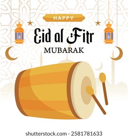Translation: Happy Eid Al-Fitr. Eid Al-Fitr Poster Design with Ketupat and Lanterns, Islamic holiday greeting card Illustration of background for Muslim festival Eid-al-Fitr