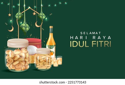 Translation : Happy Eid Mubarak. 3D Realistic Poster Design with Typical Eid Cookies from Indonesia. Eid Al Fitr Graphic Design with 3D Realistic Islamic Ornament. 