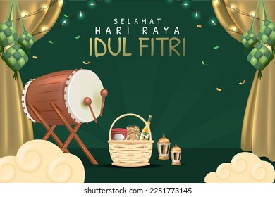 Translation : Happy Eid Mubarak. 3D Realistic Poster Design with Typical Eid Cookies from Indonesia. Eid Al Fitr Graphic Design with 3D Realistic Islamic Ornament. 