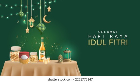 Traducción: Feliz Eid Mubarak. Diseño de afiches realistas 3D con típicas cookies de Eid de Indonesia. Diseño gráfico de Eid Al Fitr con adorno islámico realista en 3D. 