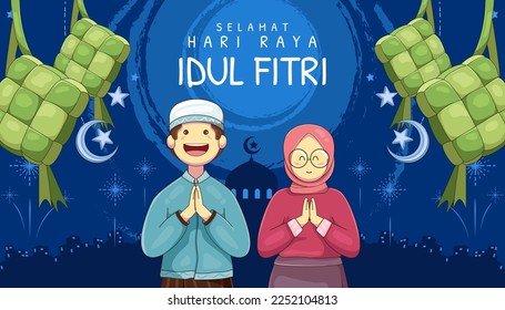 Translation : Happy Eid Mubarak. 3D Realistic Poster Design with Moslem Girl and Boy. Eid Al Fitr Graphic Design with 3D Realistic Islamic Ornament. 