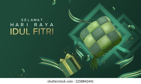 Traducción: Feliz Eid Mubarak. Ilustración del vector de diseño de afiches de Eid Mubarak con Ketupat verde y caja de regalo de 3D realistas