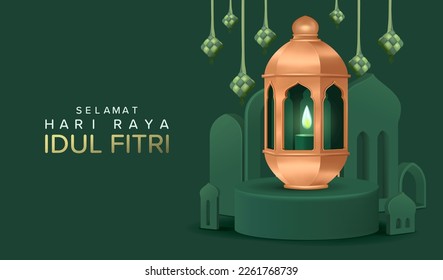 Traducción: Feliz Eid Mubarak. Linterna realista 3D en el podio redondo con Ketupat colgante para la Ilustración vectorial de diseño de pancartas de Eid Mubarak.