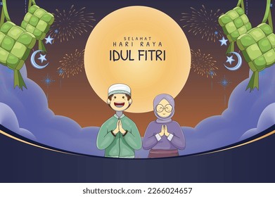 Translation : Happy Eid Mubarak. 3D Realistic Poster Design with Moslem Girl and Boy. Eid Al Fitr Graphic Design with 3D Realistic Islamic Ornament. 