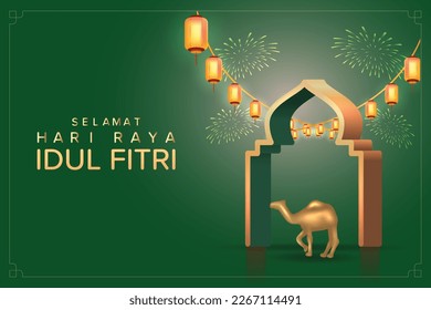 Translation : Happy Eid Mubarak. Eid Al Fitr Design with Realistic Golden Camel and Lantern Vector Illustration.