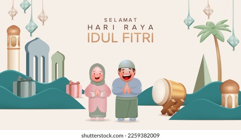 Translation : Happy Eid Mubarak. Cute Boy and Girl for Greetings Eid al fitri Vector Illustration