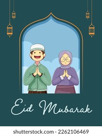 Traducción: Feliz Eid Mubarak. Cute Boy and Girl for Greetings Eid Mubarak Vector Illustration. Diseño de afiches realistas de Eid Al Fitr en 3D