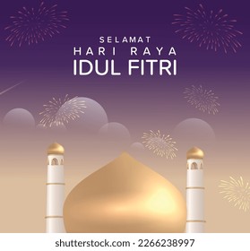 Translation : Happy Eid Mubarak. Eid Design with 3D Realistic Golden Mosque and Twiligh Sky and Fireworks.  