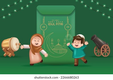 Translation : Happy Eid Mubarak. Eid Design with Big Envelope and Two Kids Celebrating. 