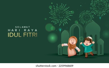 Translation : Happy Eid Mubarak. Moslem Boy and Girl Celebrating Eid Mubarak Happily. 3D Realistic Design of Moslem Character and Fireworks on Eid Mubarak Ceremony. Vector Illustration.