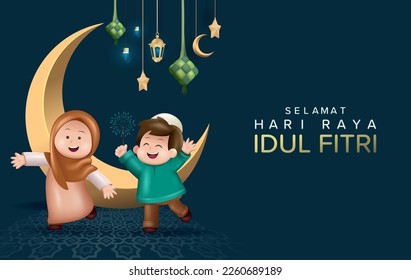 Translation : Happy Eid Mubarak. Muslim Boy and Girl Celebrating Eid Mubarak and Playing Fireworks Happily with Golden Crescent Moon Behind 