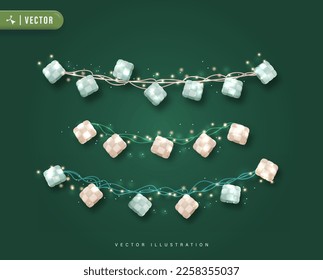 Translation : Happy Eid Mubarak Ornaments Bright Light Garlands and Hanging Ketupat. Ramadan Kareem Decoration String Light Garland Multicolored Vector Illustration.