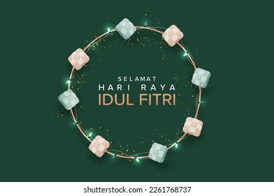 Translation : Happy Eid Mubarak. Eid Mubarak Ornaments Bright Light Garlands and Hanging Ketupat. Ramadan Kareem Decoration String Light Garland Multicolored Vector Illustration.